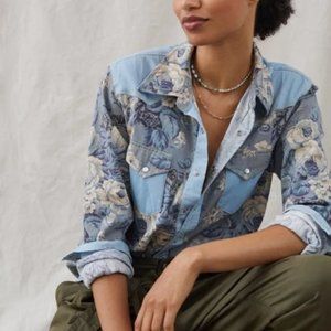Love The Label by Anthropologie Floral Chambray Cowboy Shirt Plus // Sz 3x //007